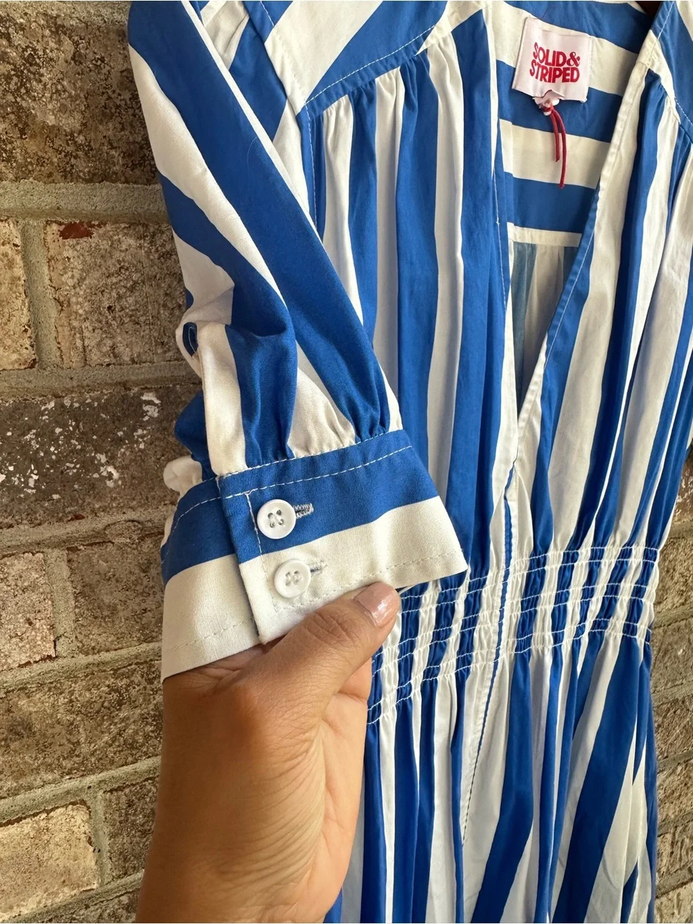 SOLID & STRIPED Blue & White Striped Midi Delilah v neck Cotton Dress w/pockets - Picture 4 of 10